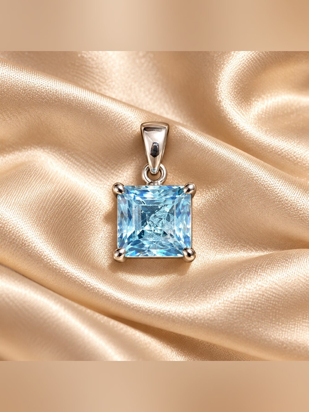 925 Sterling Silver - Square Blue Aquamarine Pendant